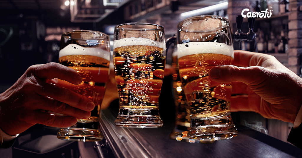 几位朋友在酒吧举杯喝酒，象征用酒精放松的场景。